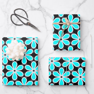 Turquoise Blue and Black Floral Pattern Wrapping Paper Sheets