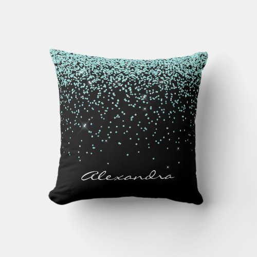 Turquoise Blue and Black Glitter Sparkle Monogram Throw Pillow