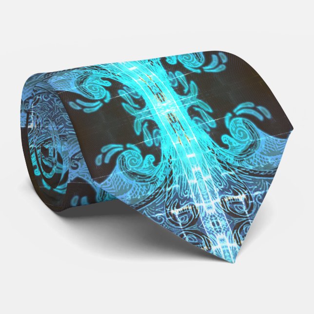 Turquoise Blue and Black Wave Neck Tie (Rolled)