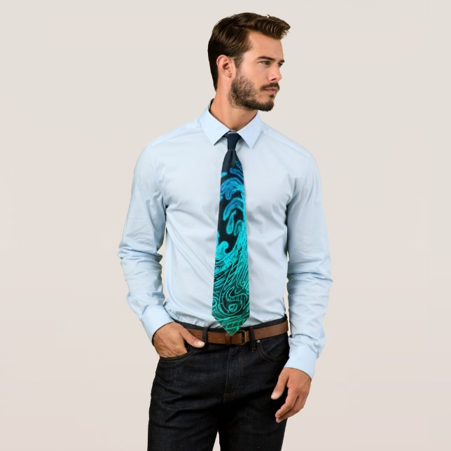 Turquoise Blue and Black Wave Neck Tie (In Situ)