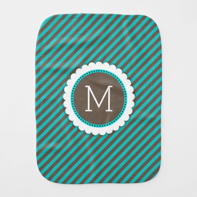 Turquoise Blue and Brown Stripes Pattern Monogram Burp Cloth (Front)