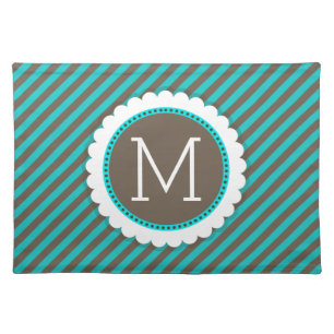 Turquoise Blue and Brown Stripes Pattern Monogram Cloth Placemat