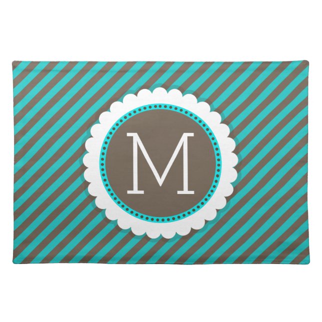 Turquoise Blue and Brown Stripes Pattern Monogram Cloth Placemat (Front)