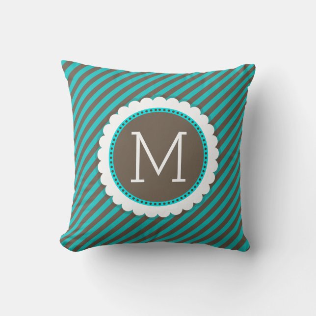 Turquoise Blue and Brown Stripes Pattern Monogram Throw Pillow (Front)
