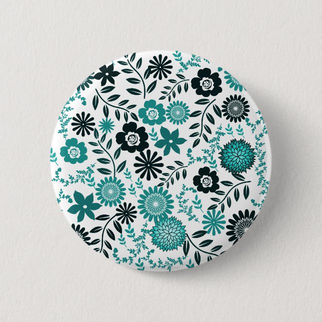 Turquoise blue and dark olive green pattern floral button (Front)