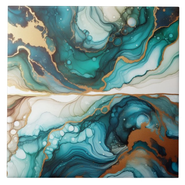 Turquoise Blue and Gold Alcohol Ink Ceramic Tile (Front)