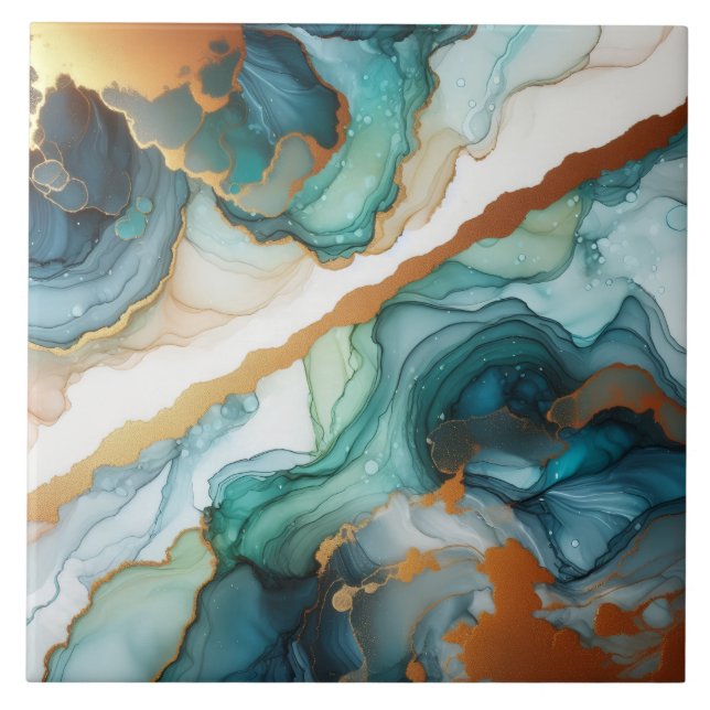 Turquoise Blue and Gold Alcohol Ink Ceramic Tile (Front)