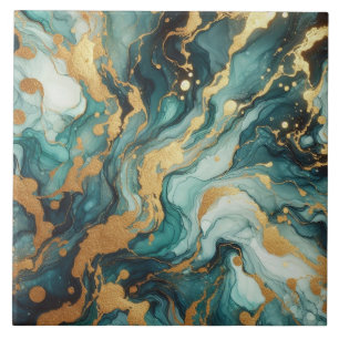 Turquoise Blue and Gold Alcohol Ink Ceramic Tile