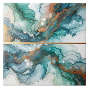 Turquoise Blue and Gold Alcohol Ink Ceramic Tile