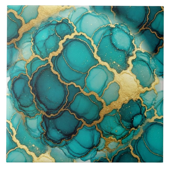 Turquoise Blue and Gold Alcohol Ink Ceramic Tile (Front)