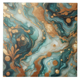 Turquoise Blue and Gold Alcohol Ink Ceramic Tile