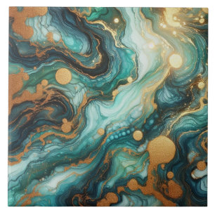 Turquoise Blue and Gold Alcohol Ink Ceramic Tile