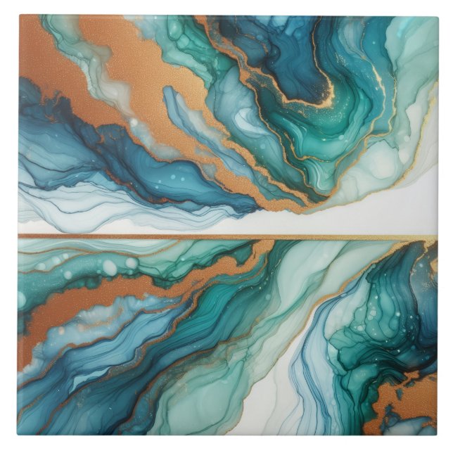 Turquoise Blue and Gold Alcohol Ink Ceramic Tile (Front)