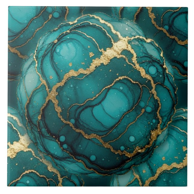 Turquoise Blue and Gold Alcohol Ink Ceramic Tile (Front)