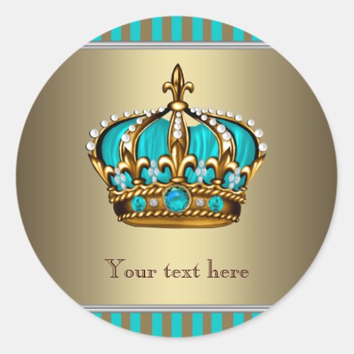 Turquoise Blue and Gold Crown Classic Round Sticker