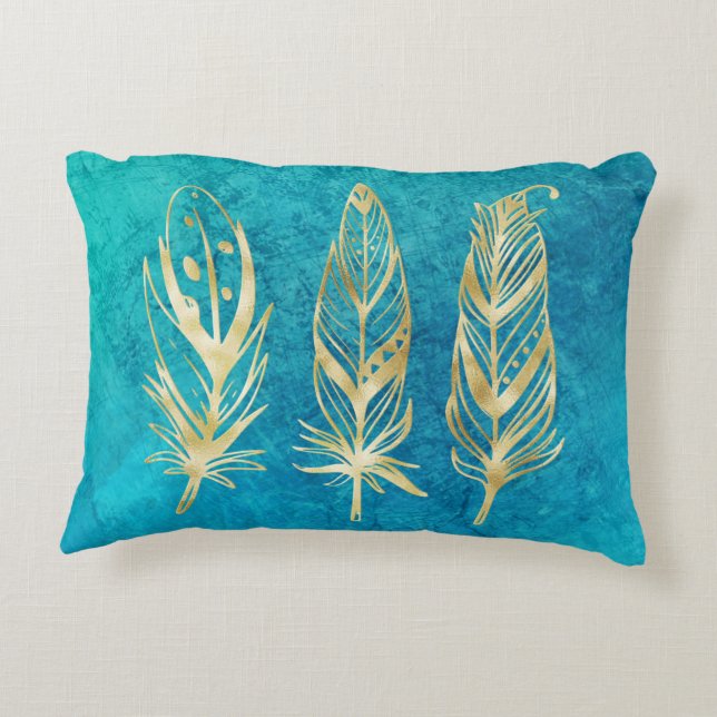 Turquoise Blue and Gold Feathers Accent Pillow (Back)