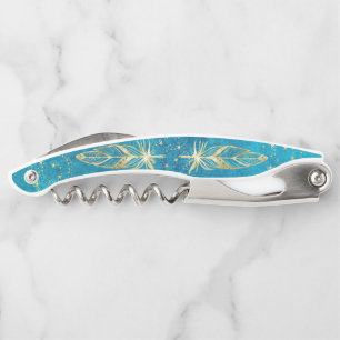 Turquoise blue and gold feathers and stars waiter's corkscrew