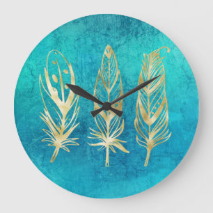 Turquoise Blue and Gold Feathers Large Clock