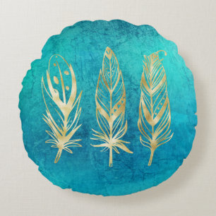 Turquoise Blue and Gold Feathers Round Pillow