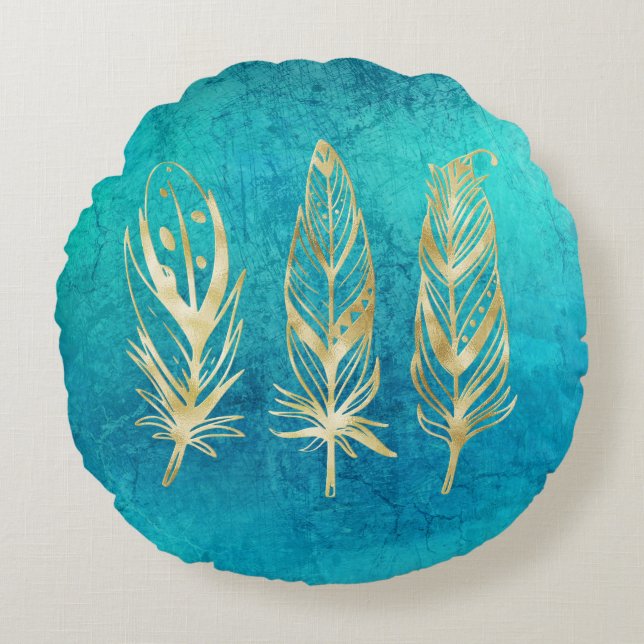 Turquoise Blue and Gold Feathers Round Pillow (Front)