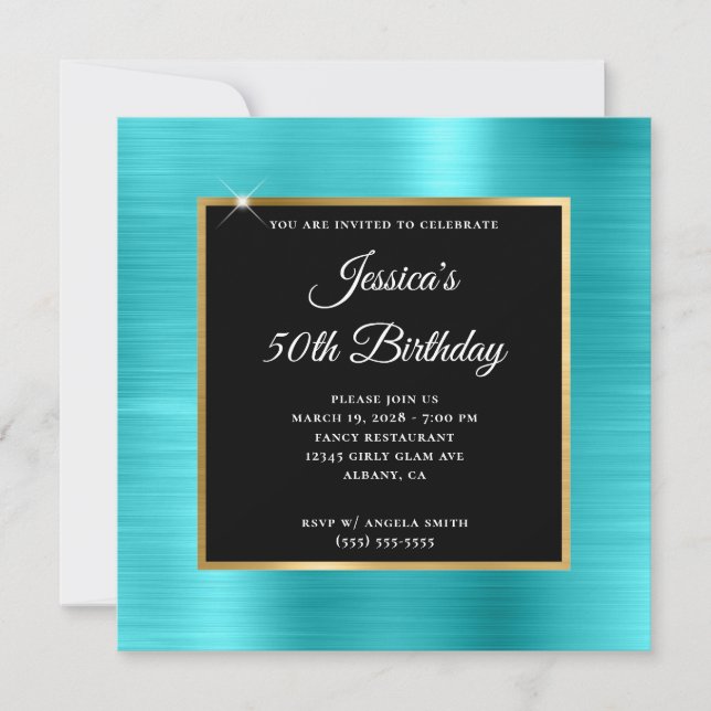 Turquoise Blue and Gold Foil Black 50th Birthday Invitation (Front)