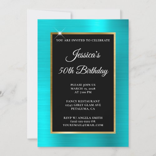 Turquoise Blue and Gold Foil Black 50th Birthday Invitation