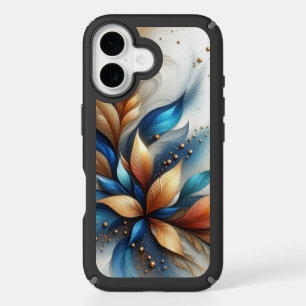 Turquoise Blue and Gold Leaves Abstract Art iPhone 16 Case