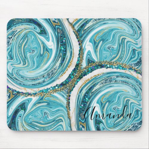 Turquoise Blue And Gold Marble Abstract Monogram Mouse Pad