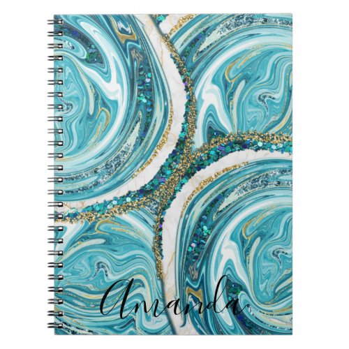 Turquoise Blue And Gold Marble Abstract Monogram Notebook