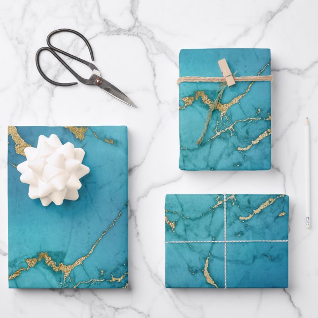 Turquoise Blue and Gold Marble Look Wrapping Paper Sheets (Front)