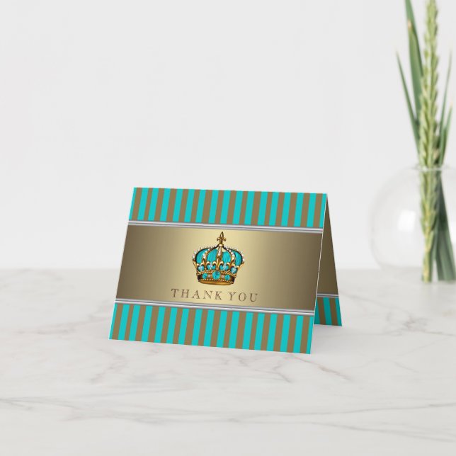 Turquoise Blue and Gold Prince Baby Shower Thank You Card (Front)
