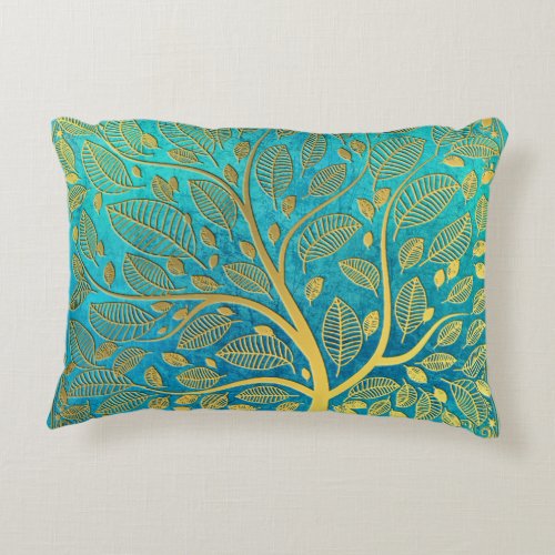 Turquoise Blue and Gold Tree Accent Pillow