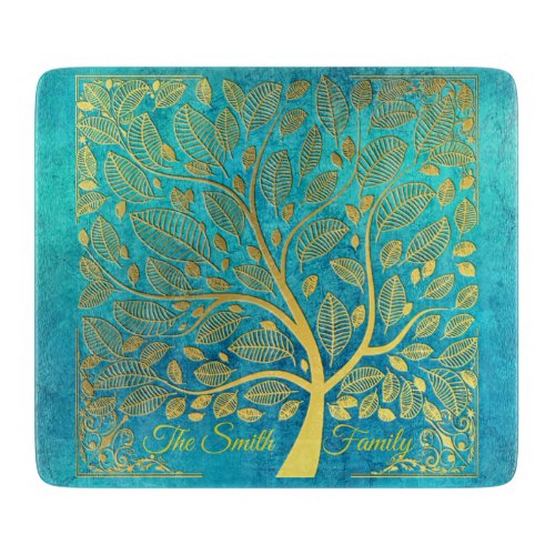 Turquoise Blue and Gold Tree Of Life  Acrylic Tray Cutting Board