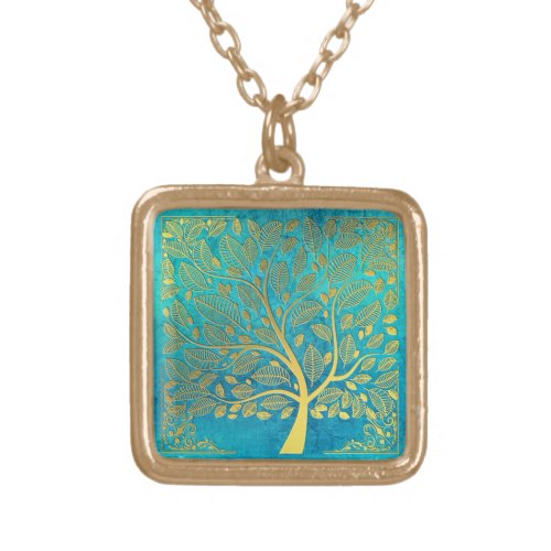 Turquoise Blue and Gold Tree Of Life Gold Plated Necklace