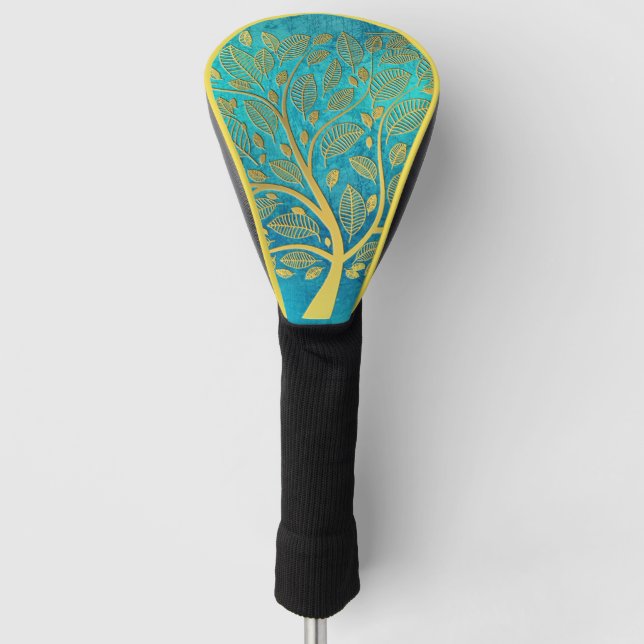 Turquoise Blue and Gold Tree Of Life  Golf Head Cover (Front)