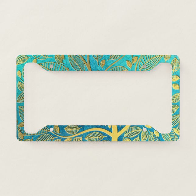 Turquoise Blue and Gold Tree Of Life License Plate Frame (Front)