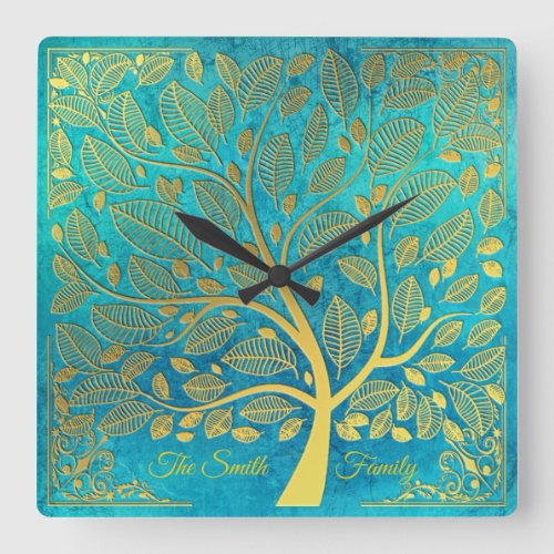 Turquoise Blue and Gold Tree Of Life Personalize Square Wall Clock