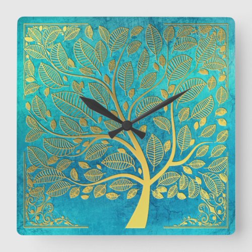 Turquoise Blue and Gold Tree Of Life Square Wall Clock