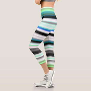 Turquoise, blue and Gray Abstract Stripes Capri Leggings
