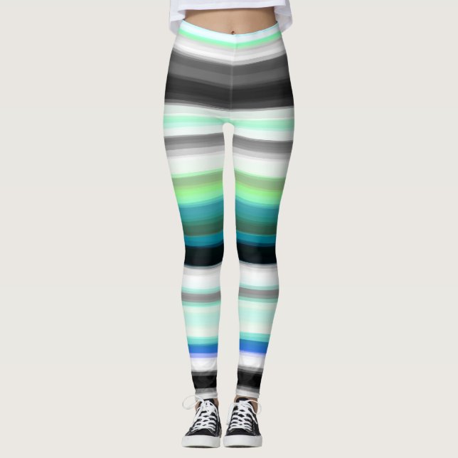 Turquoise, blue and Gray Abstract Stripes Leggings (Front)