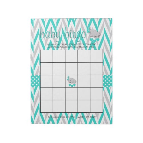 Turquoise Blue and Gray Elephant Baby Shower Game Notepad