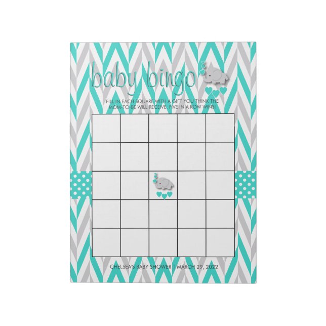 Turquoise Blue and Gray Elephant Baby Shower Game Notepad (Rotated)