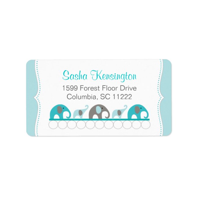 Turquoise Blue and Gray Elephants Baby Girl Shower Label (Front)