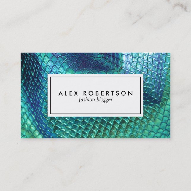 Turquoise blue and green mermaid scale fabric business card (Front)