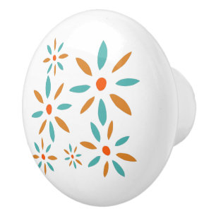 Turquoise Blue And Orange Mid Century Flowers Ceramic Knob