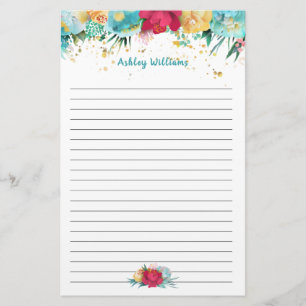 Turquoise Blue and Pink Floral Personalized Lined Stationery