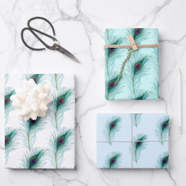 Turquoise, Blue and Purple Peacock Feathers Wrapping Paper Sheets (Front)