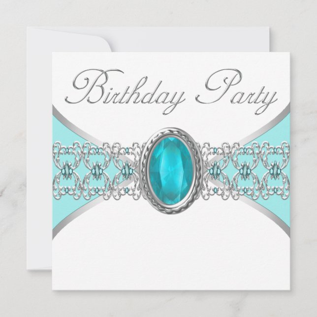 Turquoise Blue and Silver Birthday Party Invitation (Front)