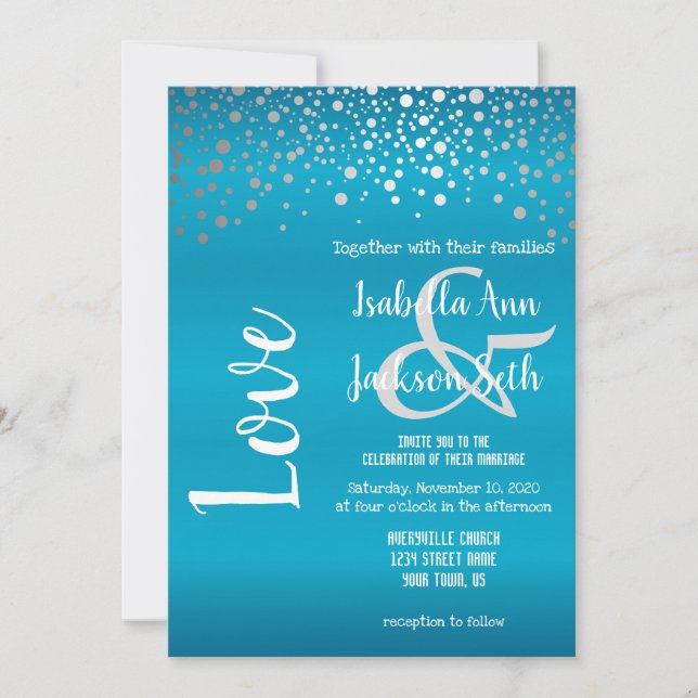 Turquoise Blue and Silver Confetti Dots Invitation (Front)