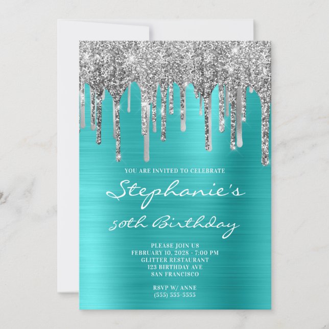Turquoise Blue and Silver Drip 50th Birthday Invitation (Front)
